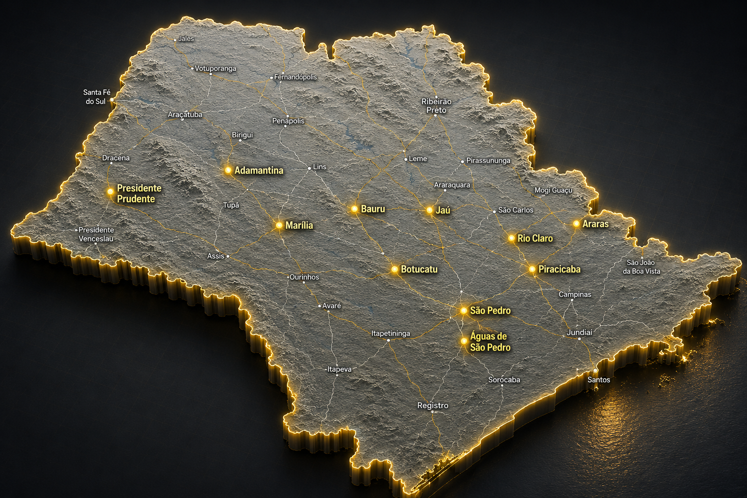 Mapa 3D do Estado de São Paulo com cidades atendidas pela Flash Car