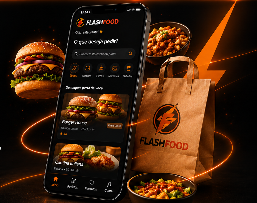 Aplicativo Flash Food com refeições e embalagem personalizada