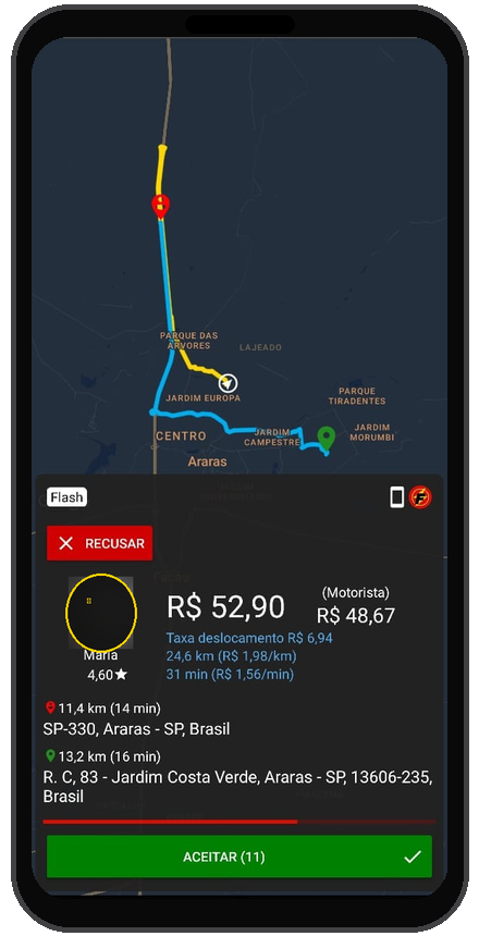 Tela real de solicitação da Flash Car com informações destacadas