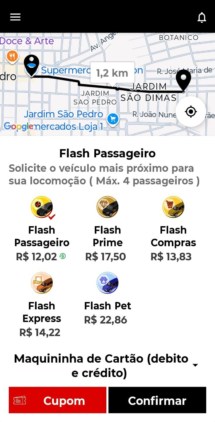 Aplicativo Flash Car mostrando rota e categorias