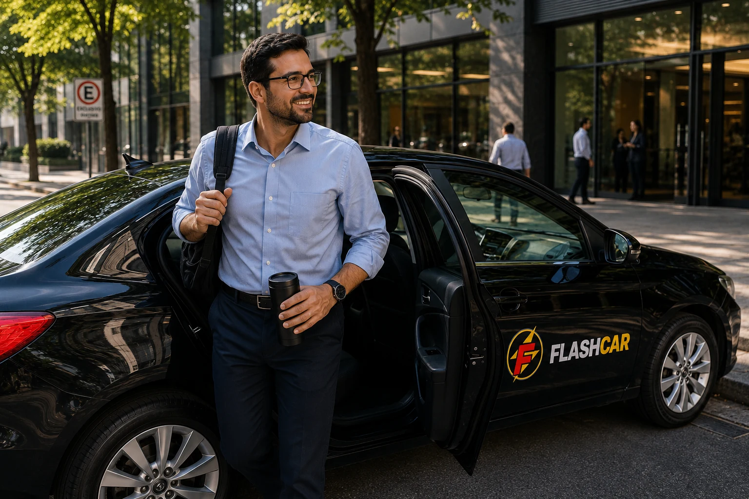 Passageiro chegando ao trabalho com a Flash Car