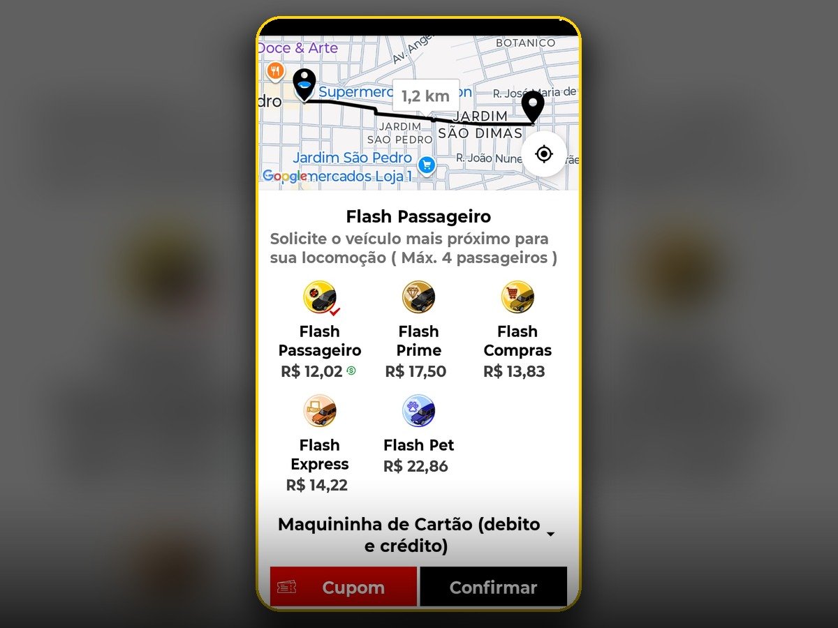 Tela real do Flash Car mostrando as categorias e valores disponíveis
