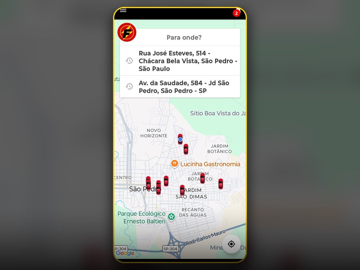 Tela real do Flash Car para informar o destino e visualizar veículos próximos